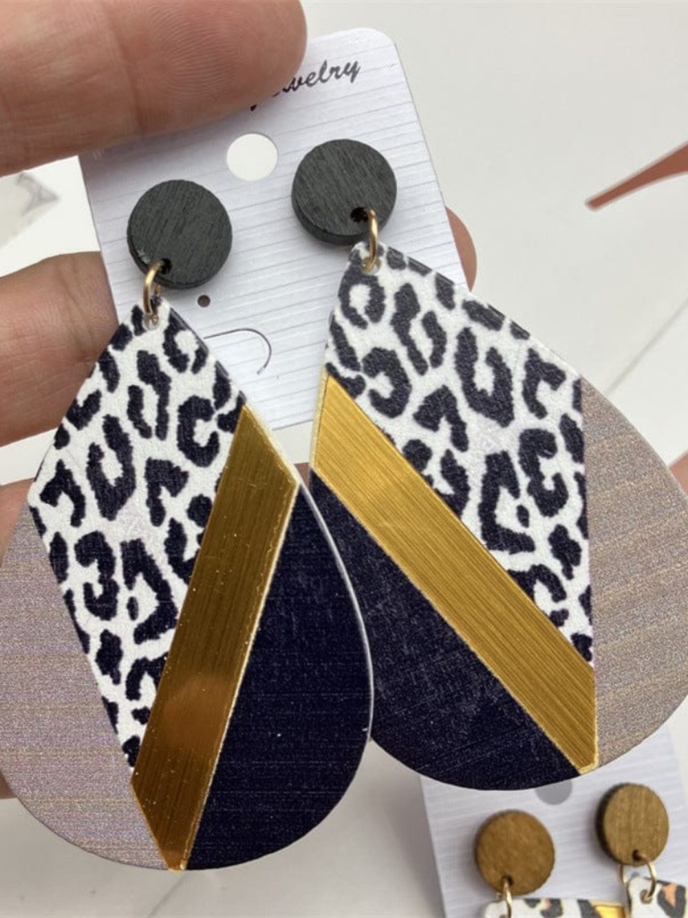 Womens Teardrop Brown Leopard Wood Post‎ Earring